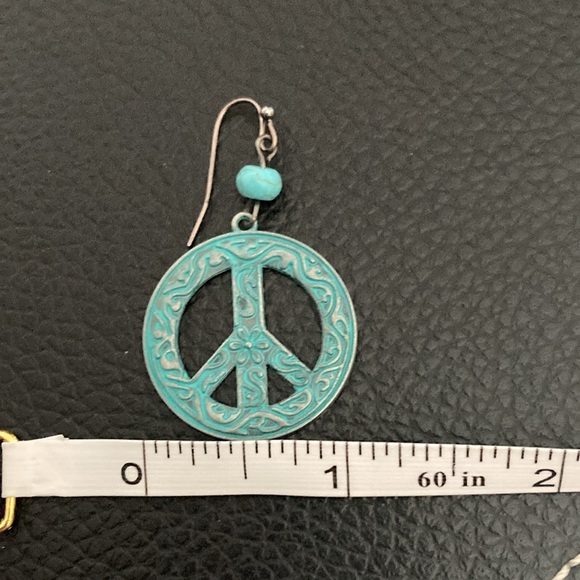 Peace Love Sign Symbol Round Antique Vintage Bronze Turquoise Colored Earrings - Picture 6 of 8
